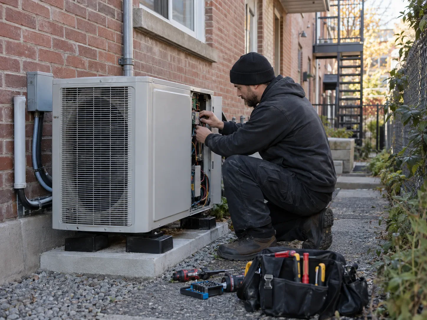 Technicien en chauffage effectuant l'entretien d'une thermopompe résidentielle à Montréal