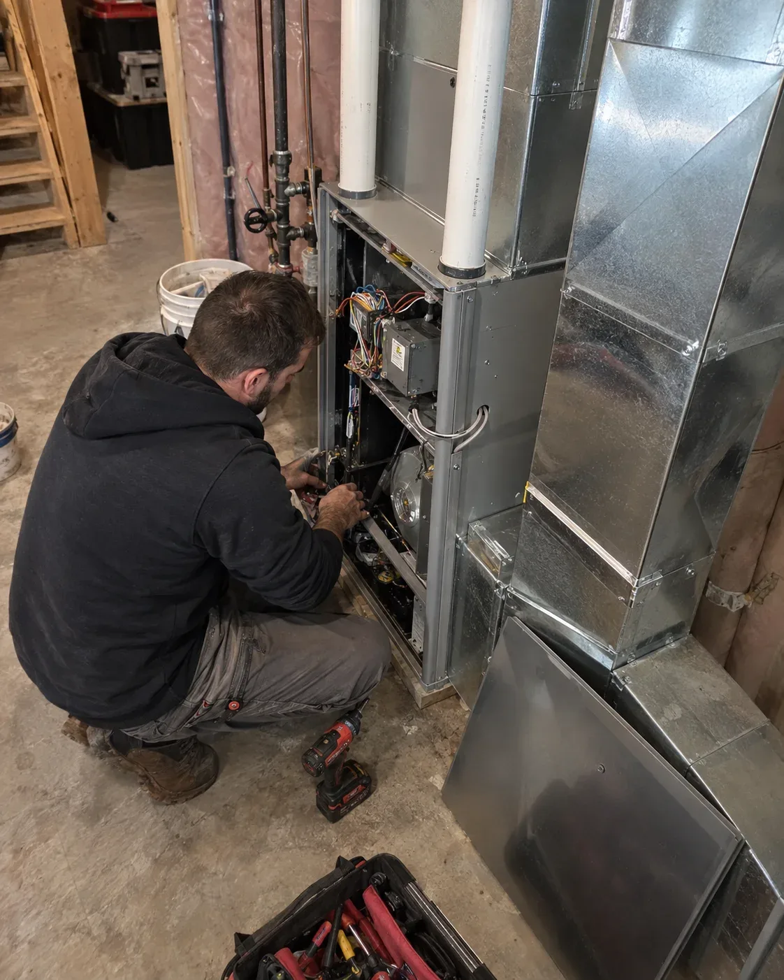 Technicien installant une fournaise centrale dans une maison résidentielle à Montréal