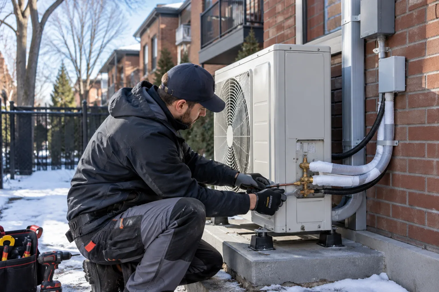 Technicien installant le bloc extérieur d'une thermopompe résidentielle dans une cour à Montréal