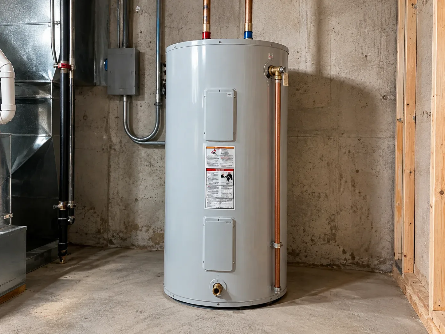 Technicien raccordant un nouveau chauffe-eau électrique dans le sous-sol d'une maison à Montréal