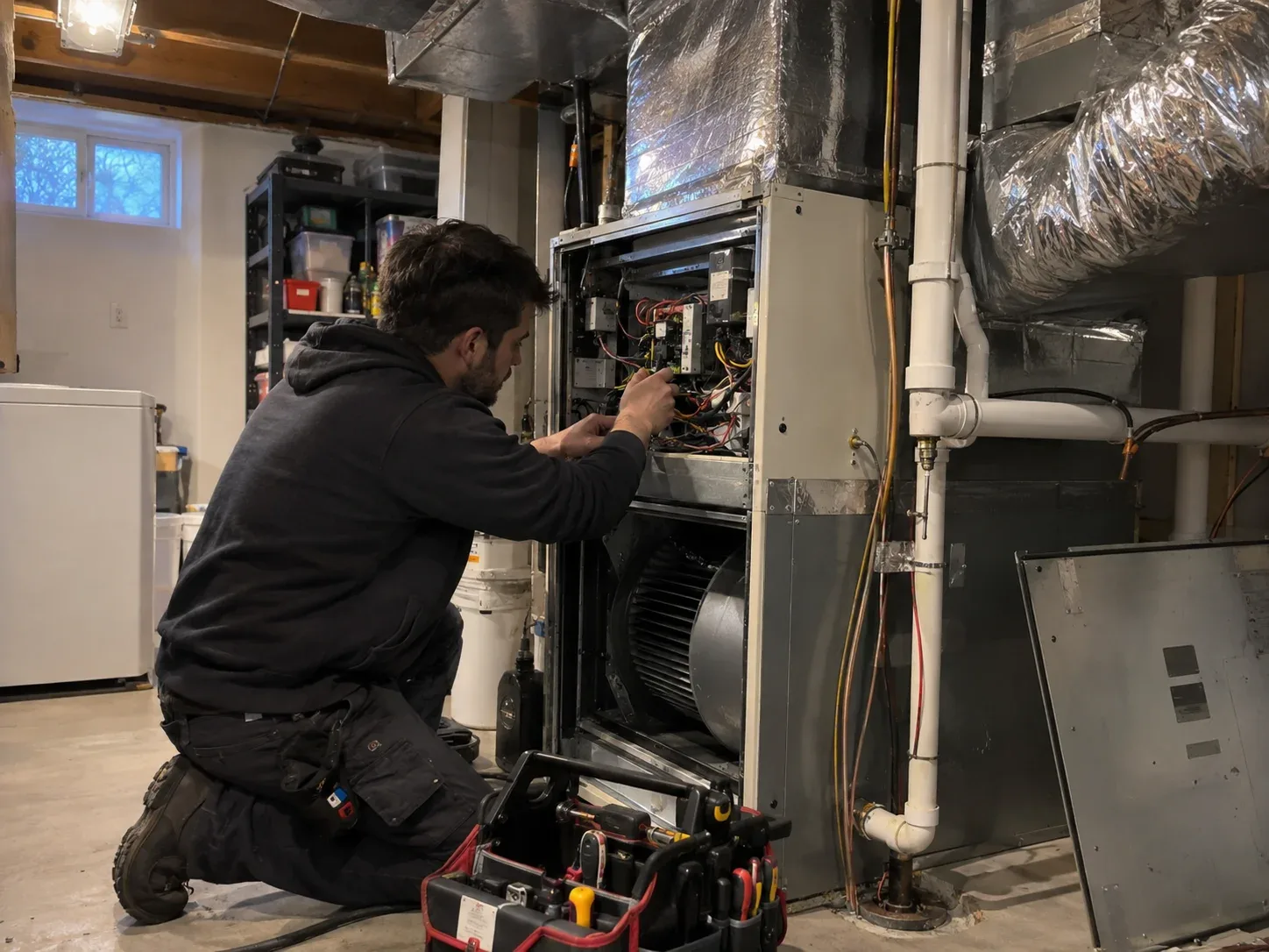 Technicien réparant une unité de traitement d'air dans un sous-sol à Montréal